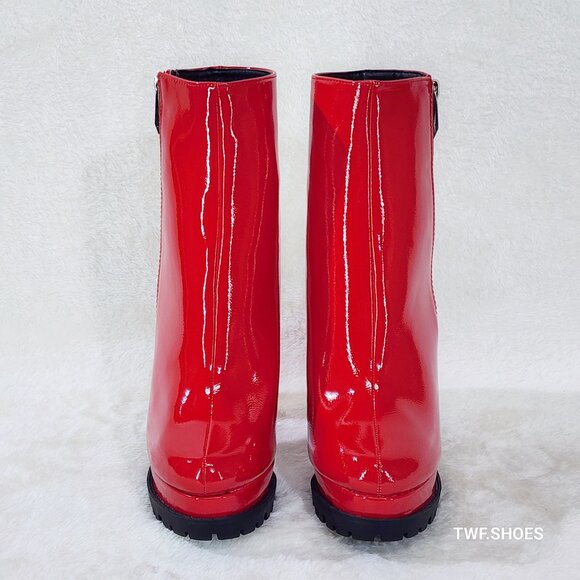 Wild Diva Vivian Red Patent Chunky Heel Platform Ankle Boots New - Picture 7 of 8